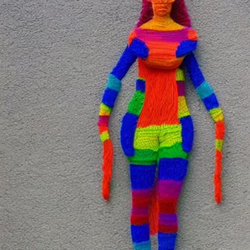 Prompt: a full body photo of a woman made from skeins of colourful yarn