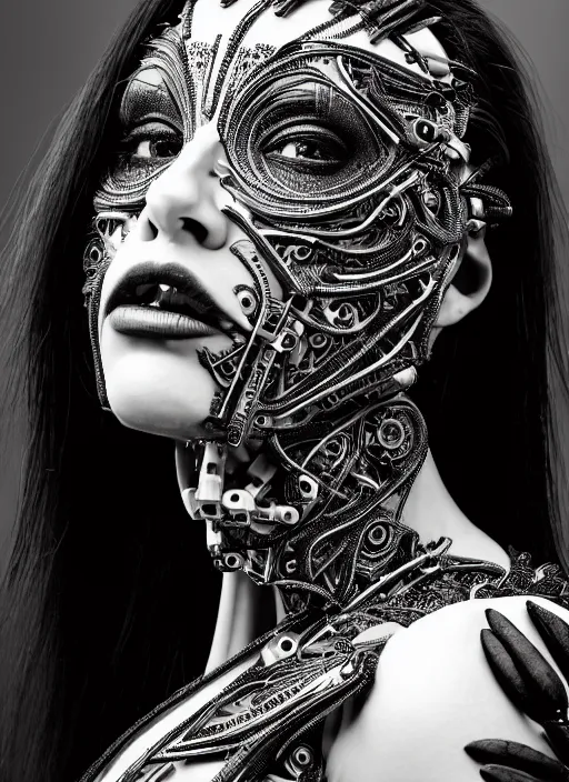 Image similar to a stunning young female crow - orchid - cyborg profile face, face is made intricate tribal bio - mechanical, editorial photography, bw, shot on 7 0 mm, depth of field, f / 2. 8, high contrast, 1 6 k, volumetric lighting, shiny, insanely detailed and intricate, hypermaximalist, elegant, ornate, hyper realistic, super detailed