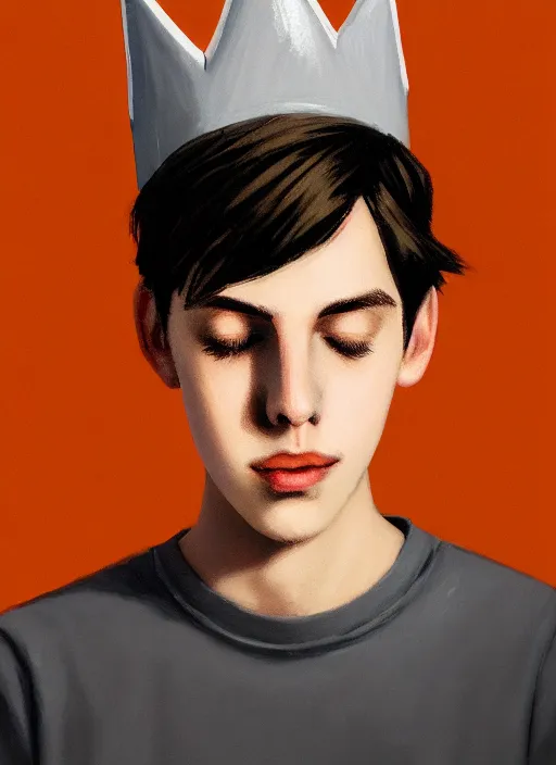 Image similar to portrait of teenage jughead jones wearing a light grey crown, crown, hamburger background, eyes closed, crown, black hair, orange, intricate, elegant, glowing lights, warm lighting, highly detailed, digital painting, artstation, concept art, smooth, sharp focus, illustration, art by wlop, mars ravelo and greg rutkowski