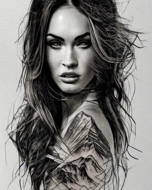 Prompt: megan fox face faded in beautiful realistic majestic mountains, double exposure effect, medium sized tattoo sketch, amazing detail, trending on pinterest, in the style of brandon kidwell