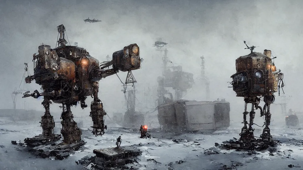 Prompt: 1920's broken down bipedal mech in the snowy tundra, oil drill in the distance, steampunk airship above, painted by Jakub Rozalski