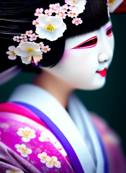 Image similar to Beautiful Japanese geisha close up portrait shot, 1920s geisha, Japanese, young woman, half body photo, upper body, traditional geisha clothing, geisha makeup, geisha hairstyle, hyper realistic, 8k detail, trending, professional photography, cherry blossom background