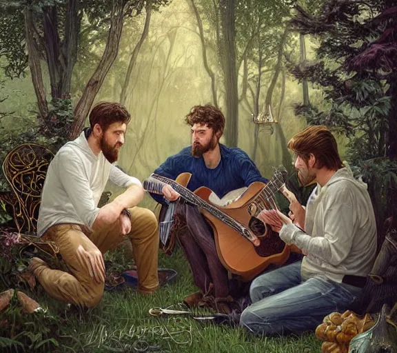 Image similar to three guys talking in the backyard with a barbecue and a bonfire, one guy playing guitar, evening, fantasy, intricate, elegant, highly detailed, digital painting, artstation, concept art, smooth, sharp focus, illustration, art by artgerm and H R Giger and alphonse mucha