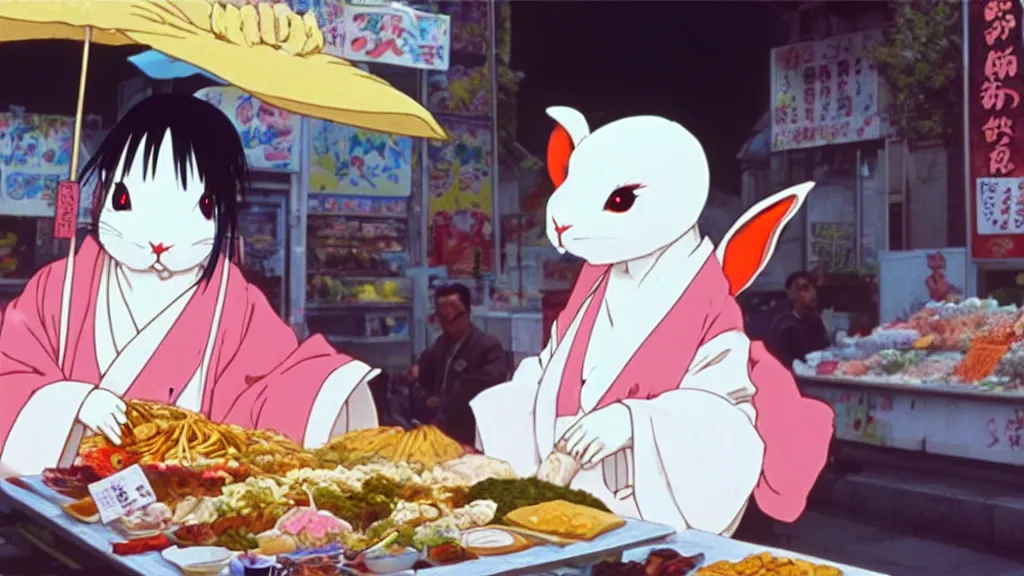 Image similar to a huge white rabbit wearing a geisha robe eating at the street market, anime film still from the an anime directed by Katsuhiro Otomo with art direction by Salvador Dalí, wide lens