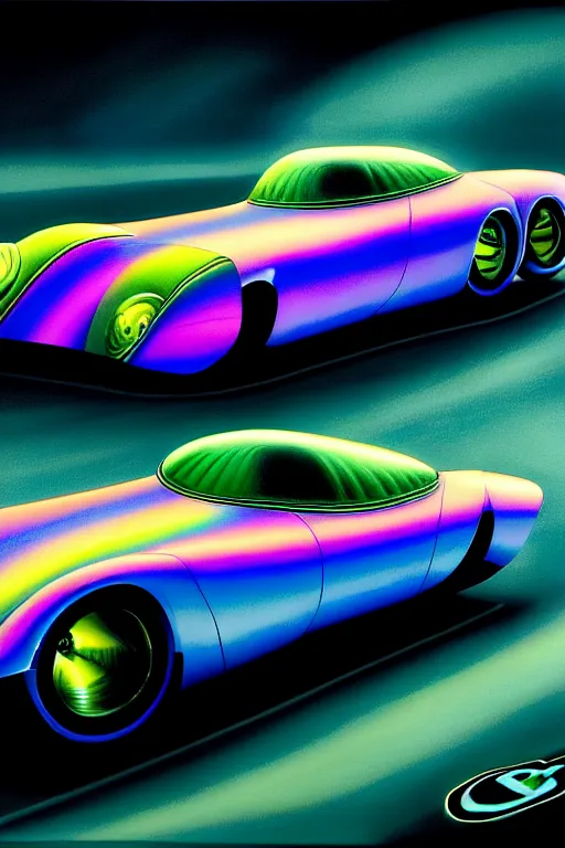 Image similar to a hyperrealistic detailed painting of a super futuristic iridescent halloween hotrod race car. cinematic lighting, depth perspective, depth of field, cinematic angle, by chris cunningham and richard corben, highly detailed, vivid color,