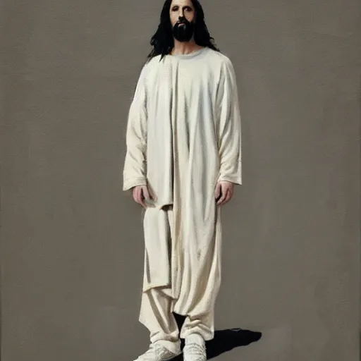 Image similar to a full body lookbook portrait of modern - day jesus wearing cream yeezy and fear of god menswear collection by nicola samori, detailed, oil painting, hyper - realistic, 8 k, yeezy collection