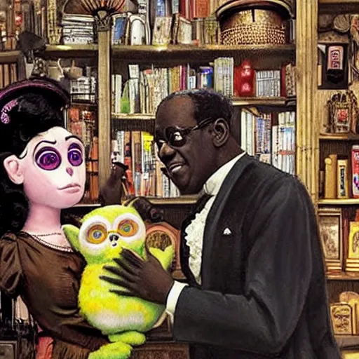 Image similar to beautiful lifelike painting of flava flav and amy winehouse buying a rare furby collection in downton abbey, hyperreal detailed facial features and uv lighting, art by ed roth and basil wolverton