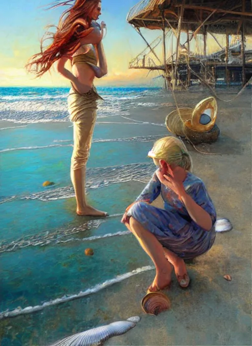 Image similar to she sells sea shells by the sea shore; painting by Jon foster.