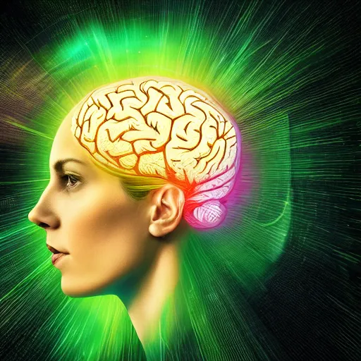 Prompt: a majestic portrait of a woman showing her brain being projected with a ray of light onto the aws logo in the sky, digital painting, high detail, 8 k, intricate ornamental details, vibrant iridescent colors, green magenta and gold