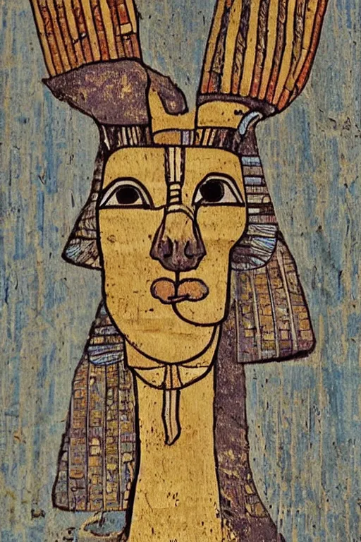 Image similar to Art of the Ancient Egyptians, Llama portrait in the style of traditional Egyptian wall painting. gods and goddesses of Ancient Egypt, llama head