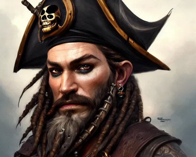 Image similar to close up of a pirate face, beard, smirk, black hair, face tattoo, deep focus, d & d, fantasy, intricate, elegant, highly detailed, digital painting, artstation, concept art, matte, sharp focus, illustration, hearthstone, art by artgerm and greg rutkowski and alphonse mucha