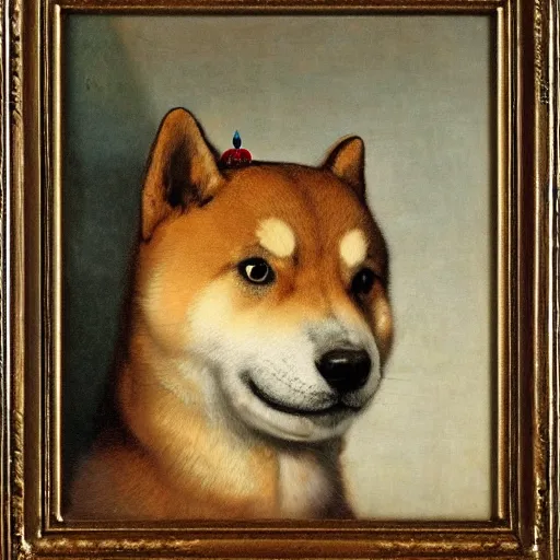 Prompt: renaissance portrait of a shiba inu with a crown, oil on canvas by rembrandt