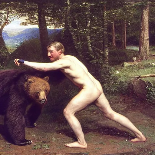 Prompt: stephen hawking fighting a bear by edward poynter