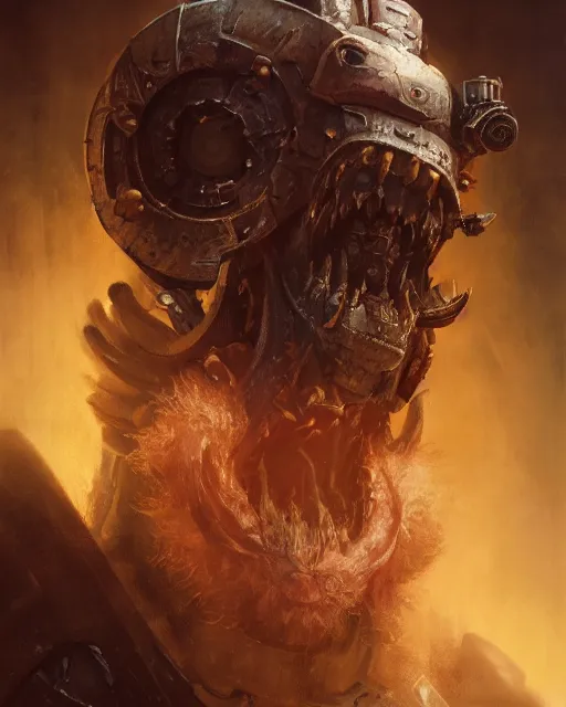 Prompt: hyper realistic portrait of warhammer machine head, cinematic, chaos marine, artstation, cgsociety, full head, greg rutkowski, james gurney, mignola, craig mullins, brom