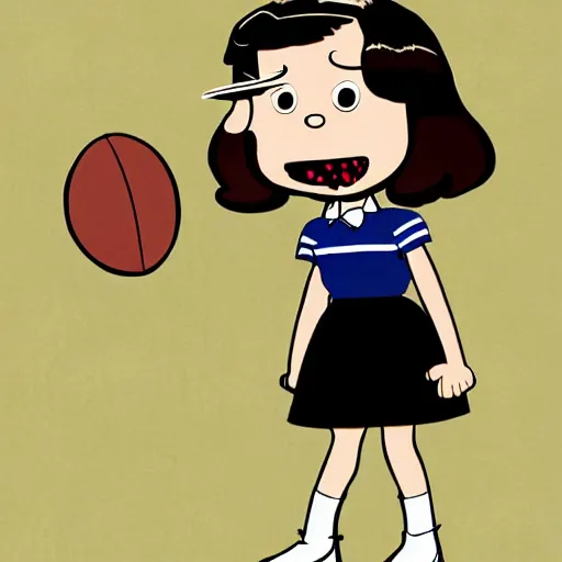 Prompt: Lucy van Pelt from Peanuts holding down an American football, digital art, artstation