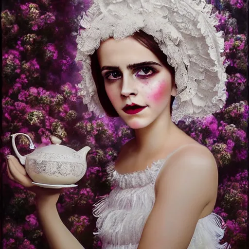 Prompt: big eyes full body fashion model emma watson smokey eyes makeup eye shadow textured film grain oil on canvas fantasy, glow, shimmer as victorian woman in a long white frilly lace dress and a large white hat having tea in a sunroom filled with flowers, roses and lush fern flowers ,intricate, night, highly detailed, dramatic lighting , high quality