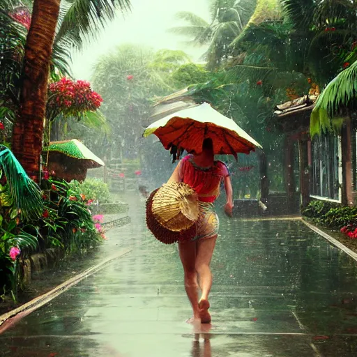 Prompt: monsoon on tropical island, chinese, ornate, beautiful, atmosphere, vibe, mist, coconuts, rain, wet, pristine, puddles, melting, dripping, snow, creek, lush, ice, bridge, forest, roses, flowers, by stanley artgerm lau, greg rutkowski, thomas kindkade, alphonse mucha, loish, norman rockwell