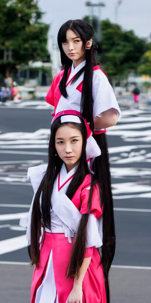 Image similar to a beautiful girl with long hair on japanese uniform high school waiting on a crosswalk daylight, 8 k