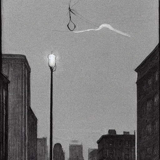 Image similar to an engraving of a storm battering a lighth tower skyscrepper in city downtown by edward hopper