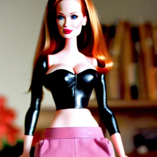 Image similar to amazing beautiful Christina Hendricks barbie doll wearing leather in the living room, film still from the movie directed by Denis Villeneuve , wide lens