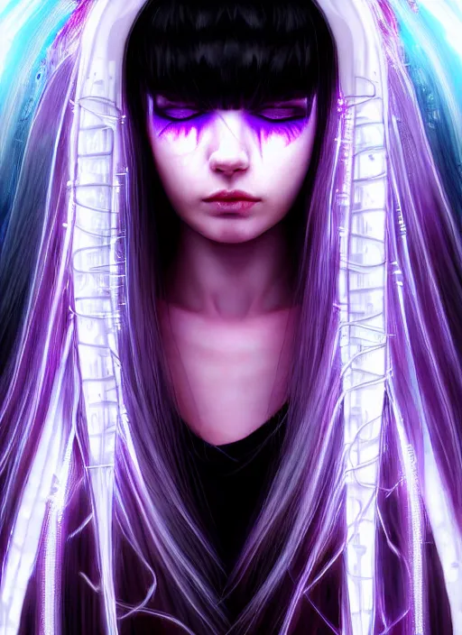 Image similar to hair whitebangs hair, black cyberlox, portrait of teenage girl with white bangs, whitebangsblackhair, messy bangs, cyberlox, whitebangs, red irises, purple clothes, intricate, elegant, glowing lights, highly detailed, digital painting, artstation, concept art, sharp focus, illustration, art by wlop, mars ravelo and greg rutkowski