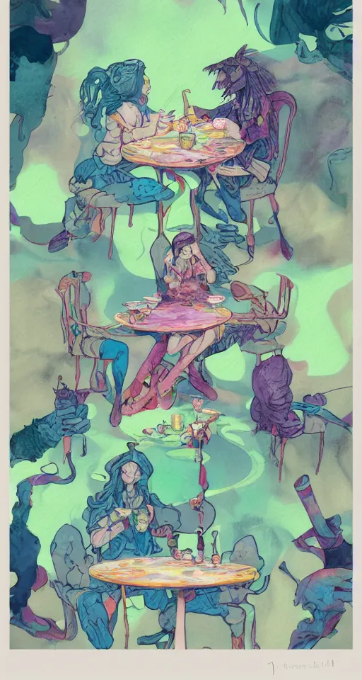 Image similar to soldier of chaos, mischief and beauty having tea alone at a table in a pastel fantasy land, surreal, glitched watercolor, chromatic abberation, trending on artstation, in the style of james jean feint, inspired by art nouveau