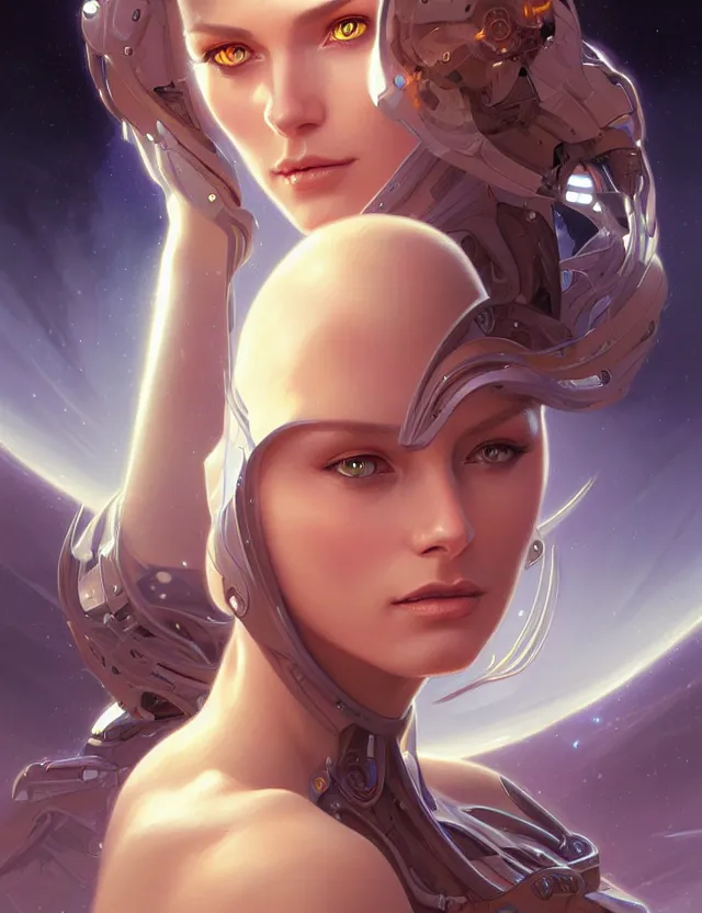 Image similar to futuristic woman portrait, sci-fi, amber eyes, face, long hair, fantasy, intricate, elegant, highly detailed, digital painting, artstation, concept art, smooth, sharp focus, illustration, art by artgerm and greg rutkowski and alphonse mucha