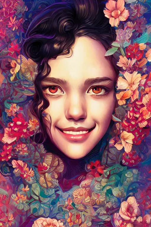 Image similar to a smiling cute girl beautiful skin and wavy hair, tristan eaton, victo ngai, artgerm, rhads, ross draws