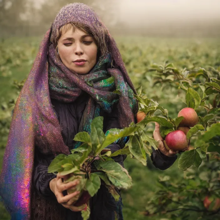 Image similar to a closeup portrait of a woman wearing a muddy iridescent holographic scarf, picking apples from a tree in an orchard, foggy, moody, photograph, by vincent desiderio, canon eos c 3 0 0, ƒ 1. 8, 3 5 mm, 8 k, medium - format print