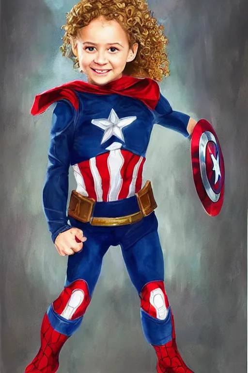 Prompt: a little girl with a mischievous face and light brown curly wavy hair. she is dressed as captain america, spider - man, batman, captain marvel, a superhero. clean elegant painting, beautiful detailed face.