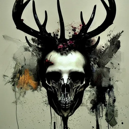 Prompt: lehsen with deer skull deer antlers by emil melmoth zdzislaw belsinki craig mullins yoji shinkawa realistic render ominous detailed photo atmospheric by jeremy mann francis bacon and agnes cecile ink drips paint smears digital glitches glitchart