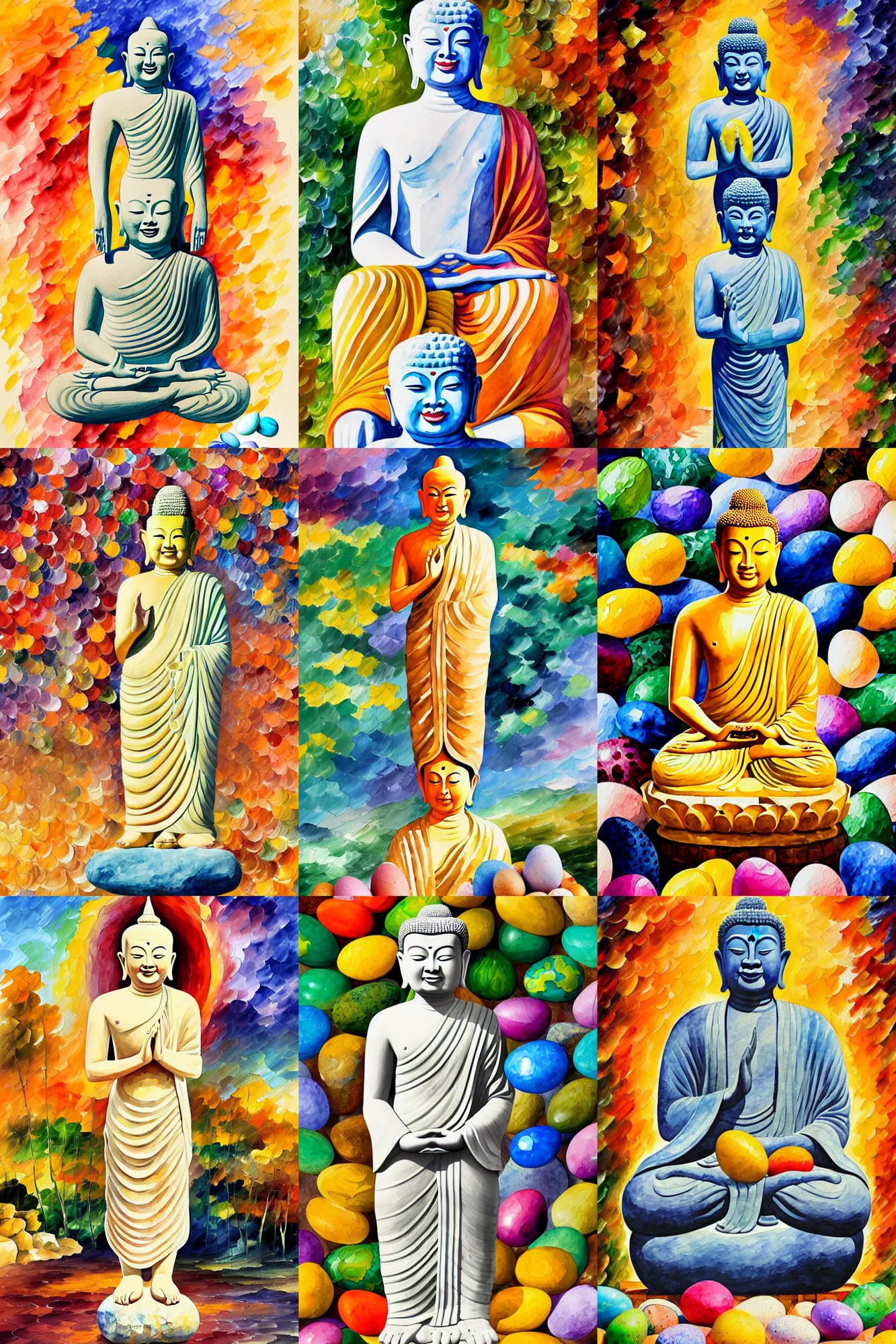 Prompt: watercolour painting of a standing smiling thai budha stone statue, long tunic, barefoot, holding in the hands beautifully painted easter eggs, by wes anderson by leonid afremov by ivan bilibin, muted colors, intricate background