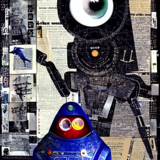 Image similar to a robot with a memory that survives the reset of the world, and a small robot bird on her shoulder, collage artwork by dave mckean and yoshitaka amano