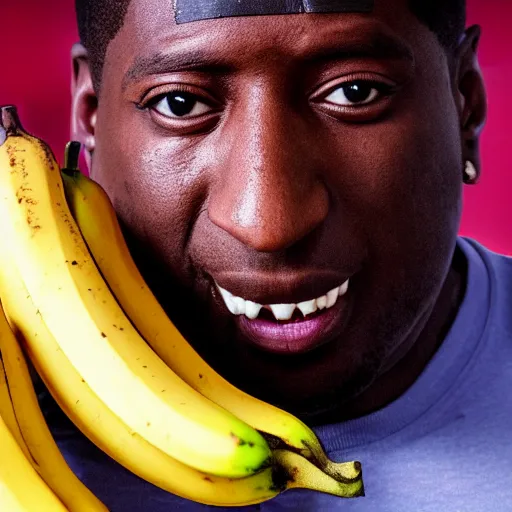 Image similar to angry gucci mane eating bananas in the hood, 8k resolution, full HD, cinematic lighting, award winning, anatomically correct