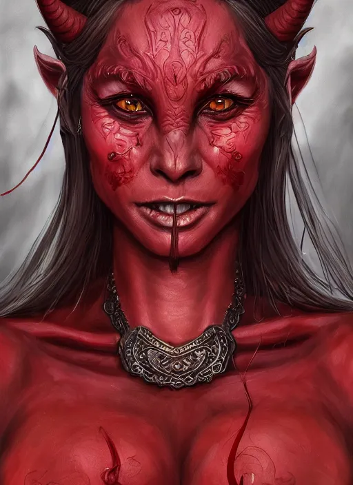 Image similar to red skin, Tiefling , smiling, beautiful detailed eyes, cute, fantasy, intricate, elegant, highly detailed, digital painting, 4k, HDR, concept art, detailed jewelry, smooth, sharp focus, illustration, by Wayne Reynolds