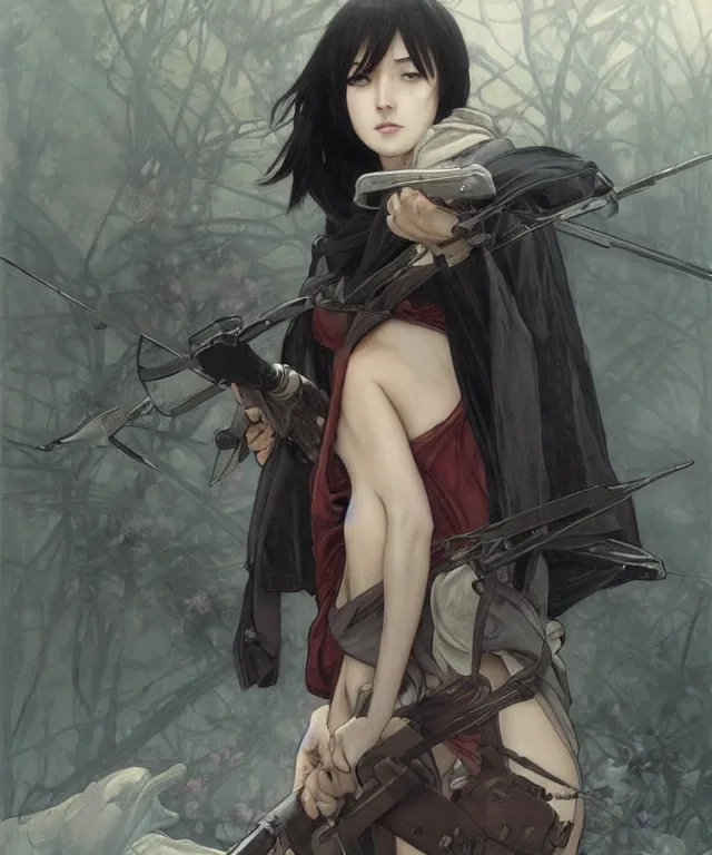 Image similar to Mikasa Ackerman, very detailed, digital art, trending on artstation, concept art, smooth, illustration, art by artgerm and greg rutkowski and alphonse mucha and J. C. Leyendecker and Edmund Blair Leighton and Katsuhiro Otomo and Geof Darrow and Phil hale and Ashley wood and Ilya repin and Charlie Bowater