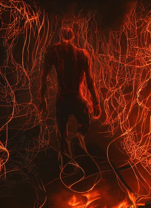 Image similar to rgb wires, fire, rage, cinematic, movie scene, inspired by zdzislaw beksinski, clothes made out of veins,, cables everywhere, bedroom, ultra realistic, concept art, intricate details, highly detailed, photorealistic, octane render, 8 k