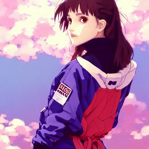 Image similar to a beautiful! boyish! natalie portman alluring gravure! model, wearing oversized mayan bomber jacket and leotard with overalls, bulky poofy bomber jacket with mayan patterns, gapmoe yandere grimdark, trending on pixiv fanbox, painted by greg rutkowski makoto shinkai takashi takeuchi studio ghibli, akihiko yoshida