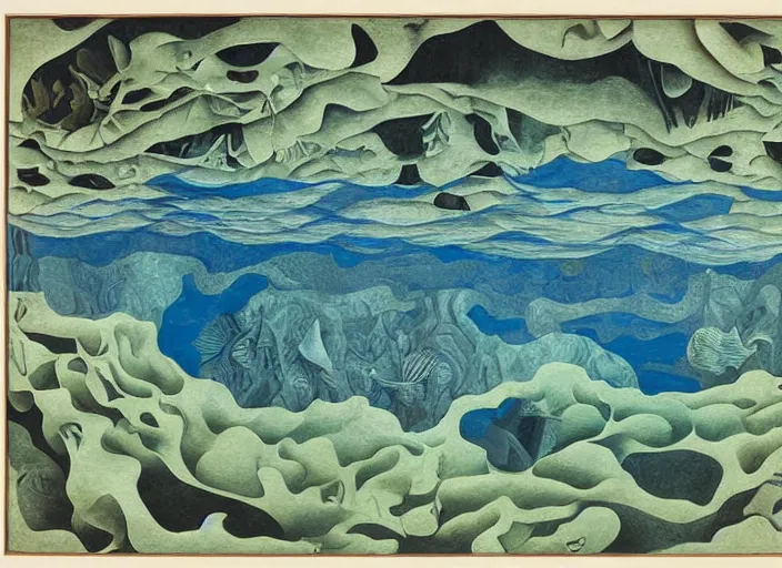 Image similar to an underwater landscape painted by, mc escher, gordon onslow ford, georgia o'keeffe and ippolito caffi,