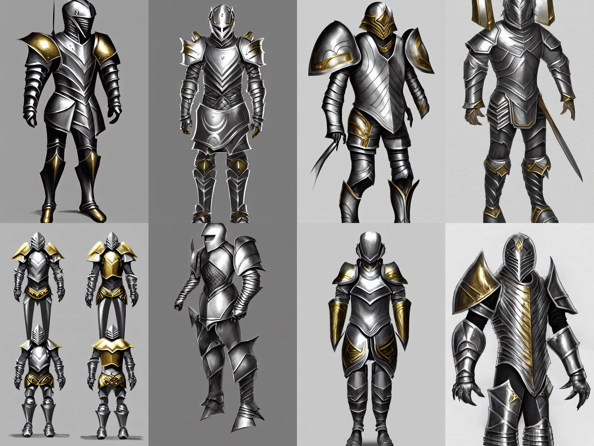 Prompt: fantasy smooth plate armor, concept sketch, silver with gold trim, extremely polished, heavy exaggerated proportions, huge shoulder pauldrons, flat shading, smooth, uncluttered, extremely clean, fantasy character portrait, professional concept art, orthographic front view, A-pose, full body