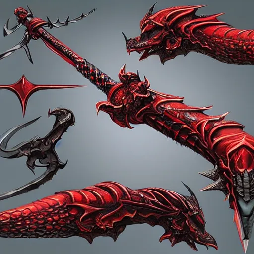 Image similar to concept art of legendary red dragon mace weapon, symmetry, mace design, fantasy mace, fantasy, behance, pinterest, deviantart, artstation, weapons concept art, design, rpg, weapon, detailed, digital art, incredible, digital painting