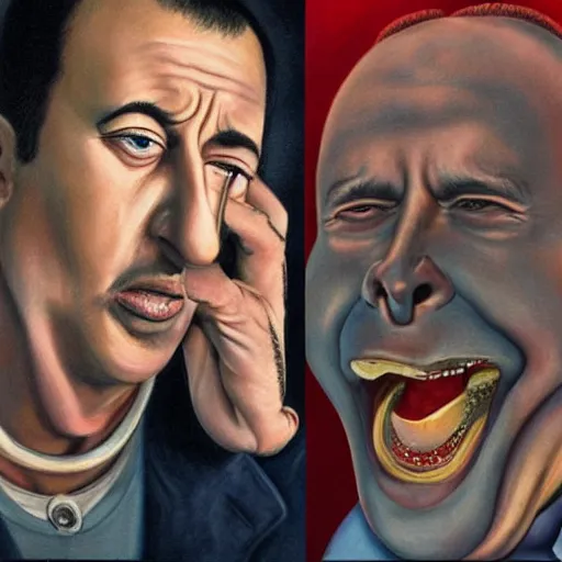 Image similar to beautiful lifelike painting of adam sandlers agitated asthma attack, hyperreal detailed facial features and uv lighting, art by ed roth and basil wolverton