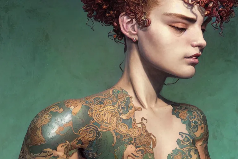 Prompt: a dramatic painting of 19 years old girl figure, curly messy high bun hairstyle, oriental tattoos, artstation, hyperdetailed, cinematic lighting, by James Jean, Moebius, Cory Loftis, Craig Mullins, Rutkowski, Mucha, Kim Jung-Gi, Klimt, highly detailed, few farm green highlights, oil on canvas