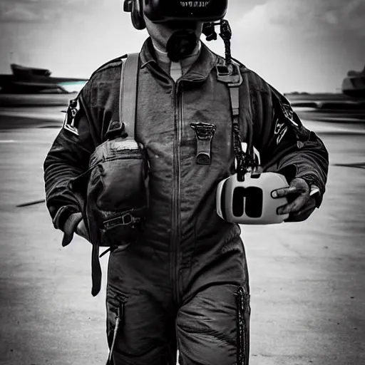 Prompt: “Fighter pilot wearing a VR headset walking away from his fighter jet while a war rages in the background, gritty, cinematic, dark tones”