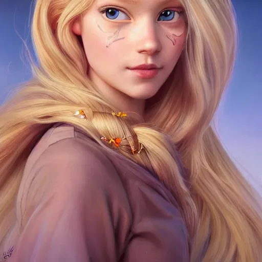 Image similar to disney princess with long blonde hair : : weta disney pixar movie still photo : : hi - fructose, decadent highly - detailed digital painting, symmetrical face, golden ratio, octane render, artstation, smooth, sharp focus, artgerm, mucha, loish, wlop