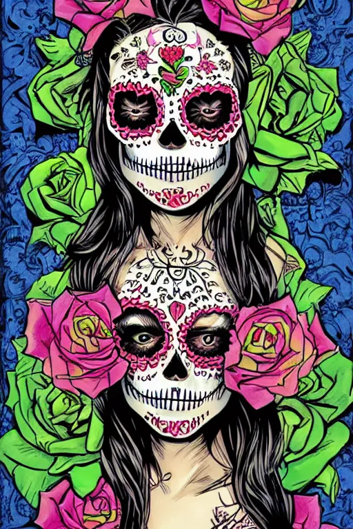 Image similar to illustration of a sugar skull day of the dead girl, art by jim lee