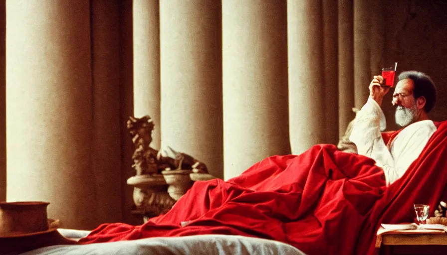 Prompt: 1 9 6 0 s movie still of socrates drinking hemlock in a bowl in a bed with red drapery in a neoclassical room with columns, cinestill 8 0 0 t 3 5 mm, high quality, heavy grain, high detail, panoramic, cinematic composition, dramatic light, ultra wide lens, anamorphic, flares