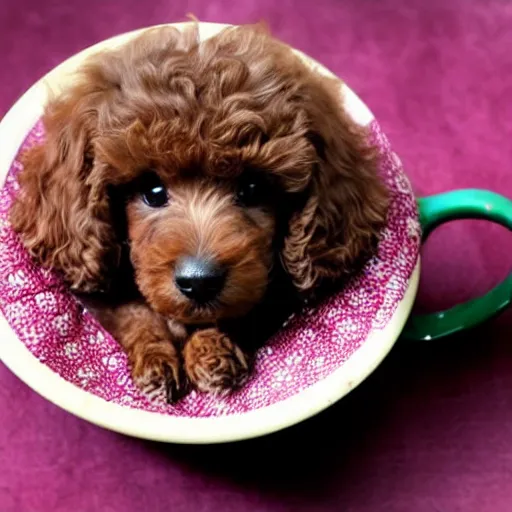 Image similar to very realistic cute brown poodle puppy sitting inside a tea cup