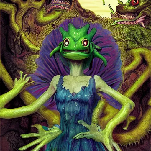 Prompt: scary godlike fairy in the anime style of Junji Ito , eating a psychedelic frog violently , being chased by a giant frog , petite , upper body , epic , traditional makeup , gorgeous features ,Perfect pixel art, Post-processing , Greg rutkowski legendary matte painting , masterpiece