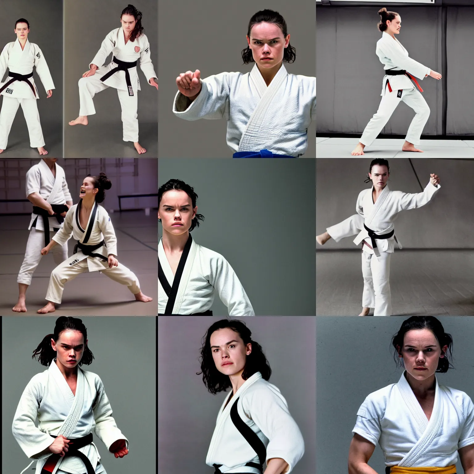 Prompt: Rey Skywalker/Daisy Ridley as a judo black belt teacher, wearing white clothes, in a gym, smiling, 1918, detailed high quality photo by Annie Leibovitz
